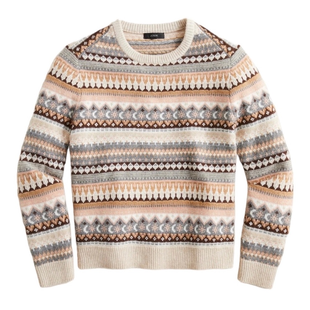 J. Crew Fair Isle Cropped Crewneck Sweater Ivory Deep Blush Medium